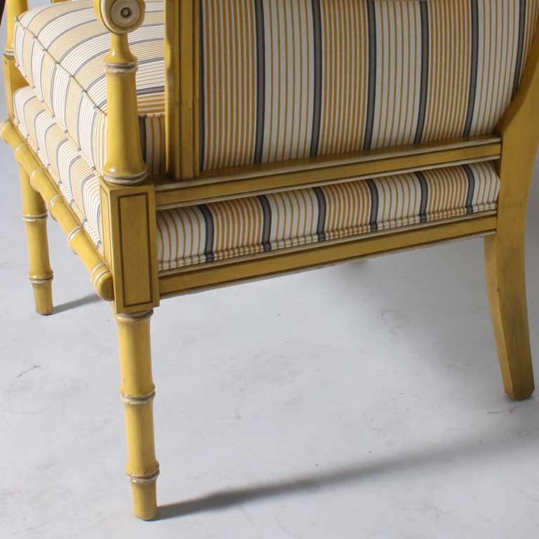 Yellow Bamboo Chair With Striped Fabric, C. 1960 In Good Condition In Dallas, TX