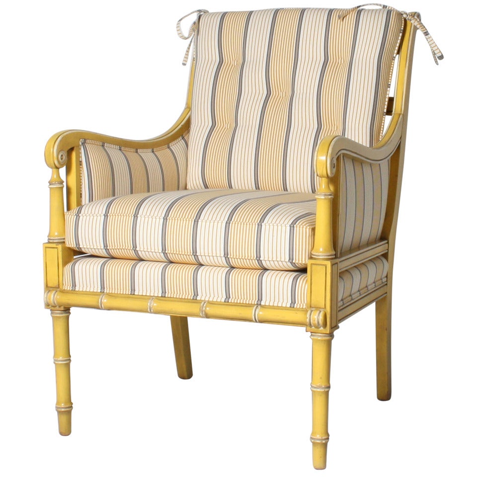 Yellow Bamboo Chair With Striped Fabric, C. 1960