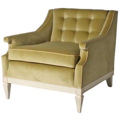 French Tufted Square Bergere In Green Velvet, C. 1960