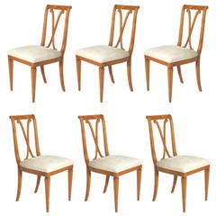 Set of Six Merisier Dining Chairs in Cream Cowhide, circa 1940