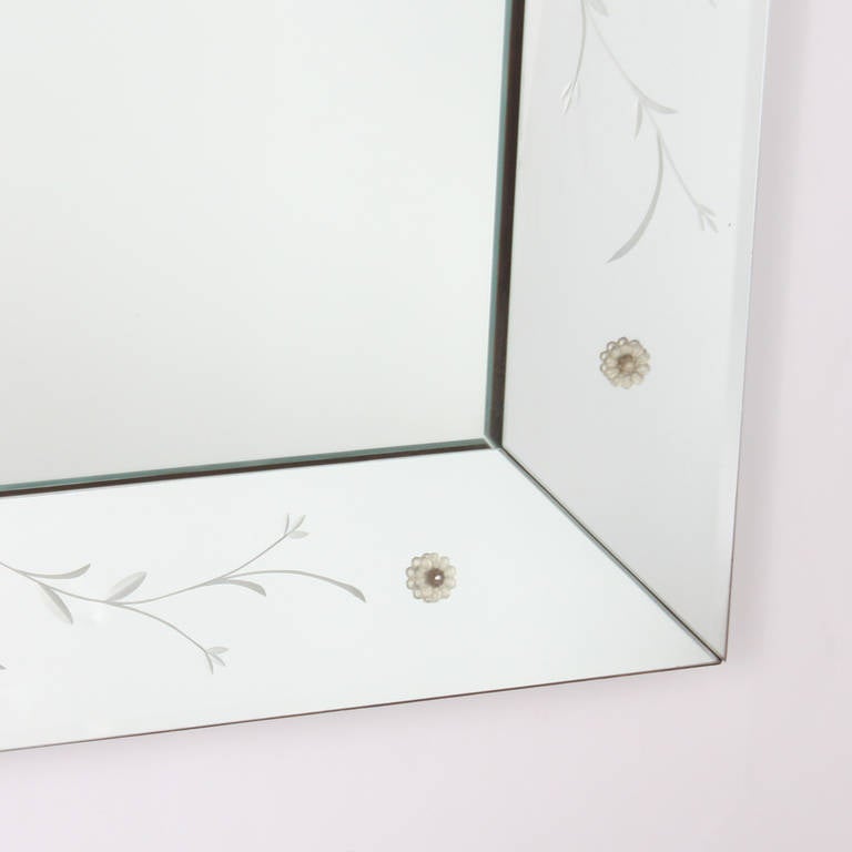 Mid-20th Century French Mirror-Frame Mirror with Flower Motif and Rosettes, circa 1940