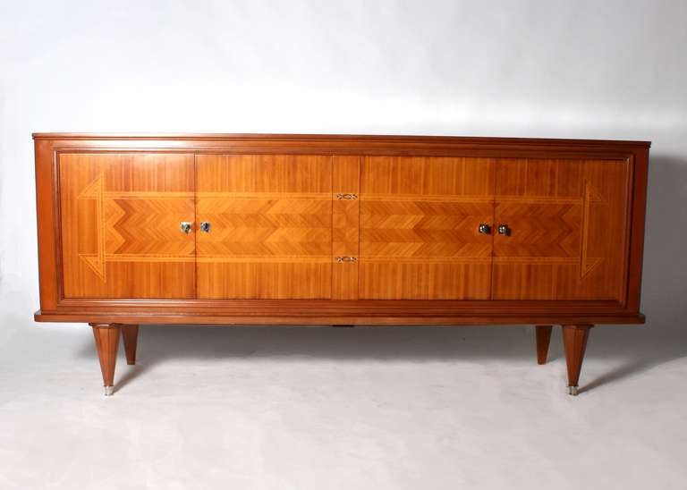 French merisier buffet with parquetry detail and nickel hardware.