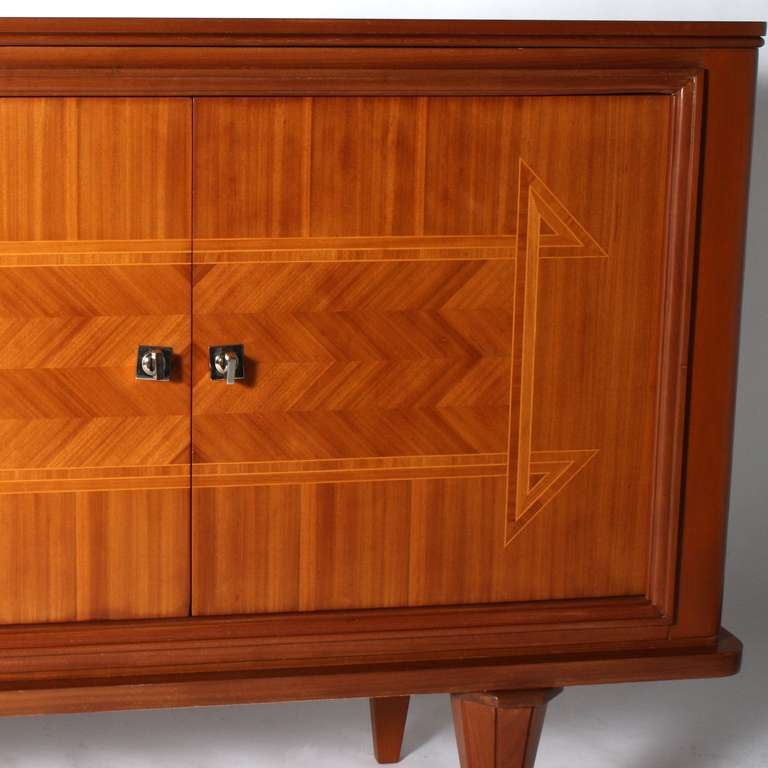 French Merisier Buffet with Parquetry Detail and Nickel Hardware, C. 1940 In Good Condition In Dallas, TX