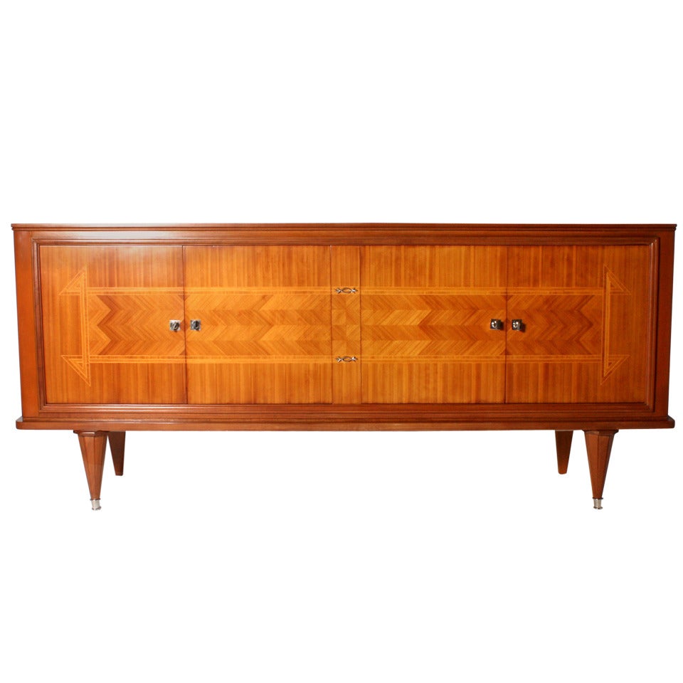 French Merisier Buffet with Parquetry Detail and Nickel Hardware, C. 1940