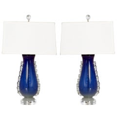 Pair of blue Murano lamps with clear decoration, c.1940