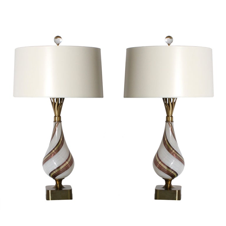 Pair of Deno Martens latticino lamps, c. 1950