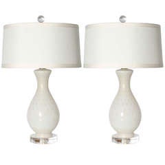 Pair of White Murano Lamps with Gold Bullicante Inclusions, Circa 1940