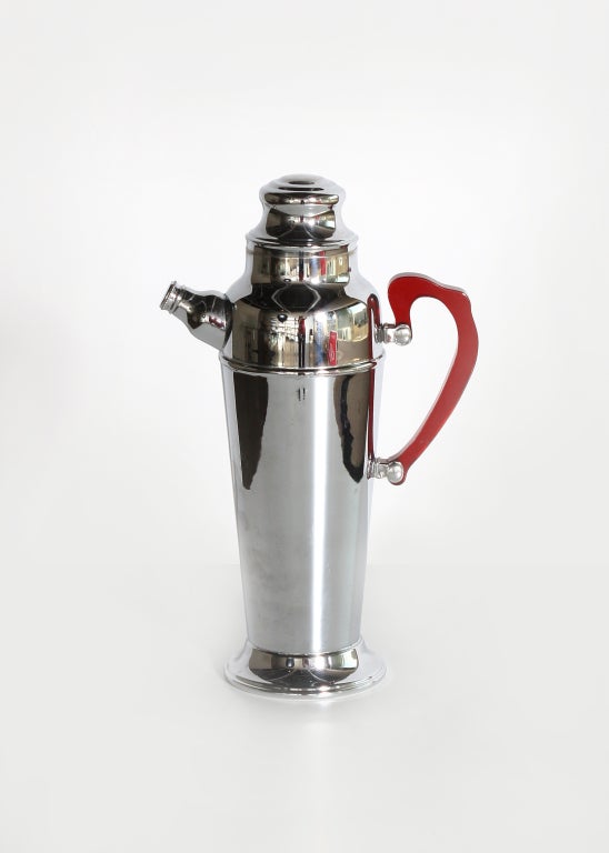 French Chrome cocktail shaker with red Bakelite handle, c.1930