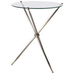 Small Brass and Silver Plated Tripod Table with Glass Top ca. 1960