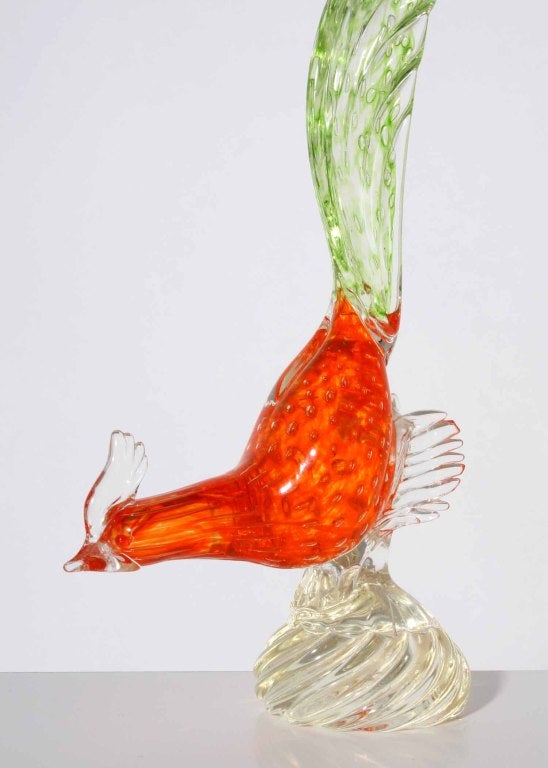 Coral Murano glass bird with green tail, c.1950