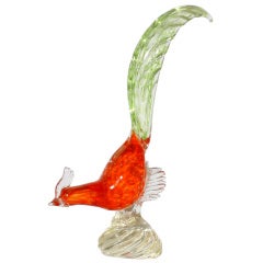 Vintage Coral Murano glass bird with green tail, c.1950