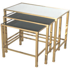French Brass Nest of Tables with Mirror Tops, circa 1950