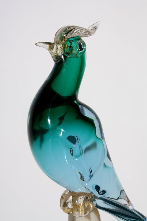 Italian Green Murano glass bird with gold base, c.1950
