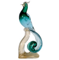 Green Murano glass bird with gold base, c.1950