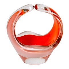 Small coral and clear Murano basket, c. 1950
