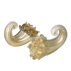 Pair of controlled bubble Barovier cornucopias, c. 1960