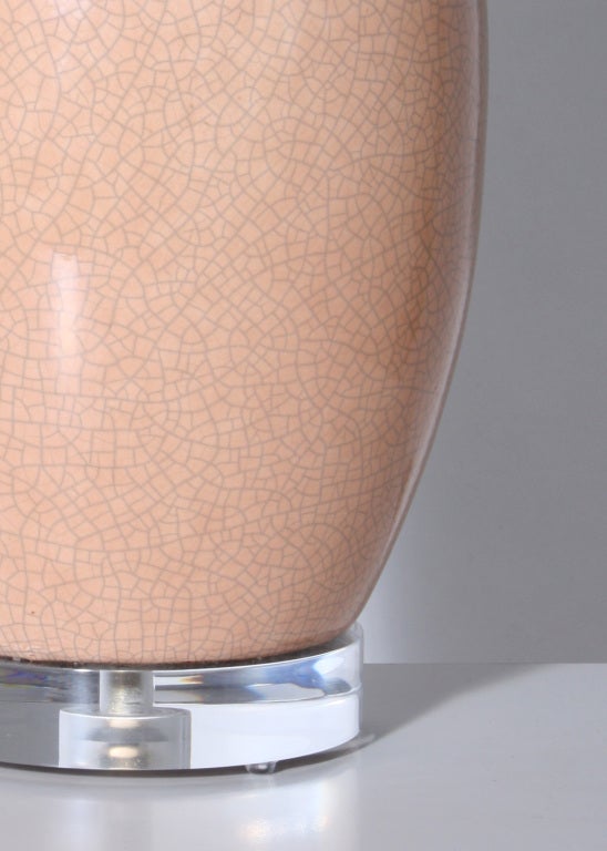 Pair of peach crackle finish ginger jar lamps, c.1960