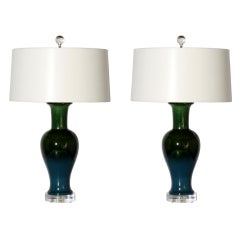 Vintage Pair of Haeger ceramic green and blue lamps, c. 1950