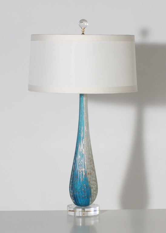 Blue and white Murano glass lamp with gold shimmer detail