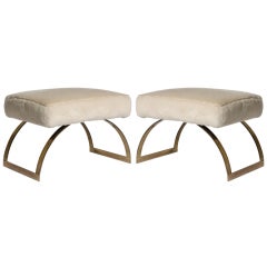 Pair of brass benches with ivory faux fur, c.1970