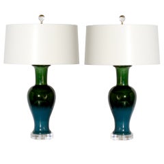 Vintage Pair of Haeger cermaic green/blue lamps, c. 1950