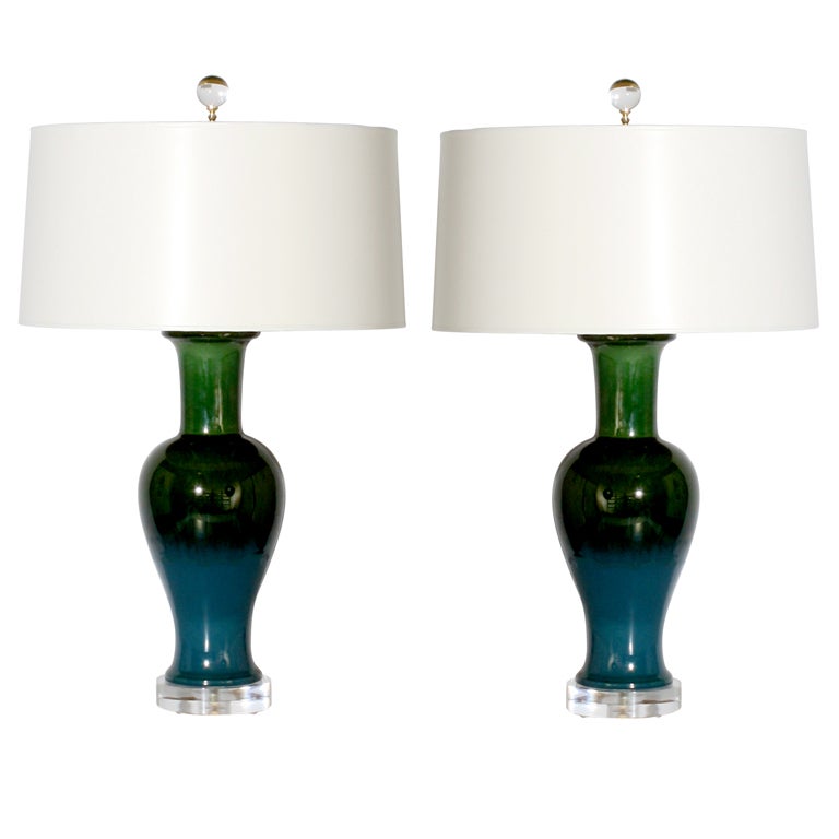 Pair of Haeger cermaic green/blue lamps, c. 1950