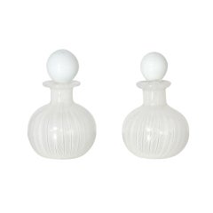 Pair Of White Latticino Murano Glass Perfume Bottles, C. 1950