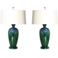 Pair of blue and green drip glaze lamps, c.1960