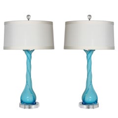 Pair of blue Murano glass lamps with swirl design, c. 1960