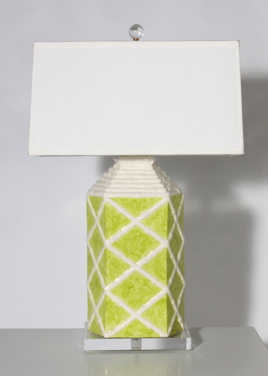 Pair of green and white faux bamboo lamps, c. 1960