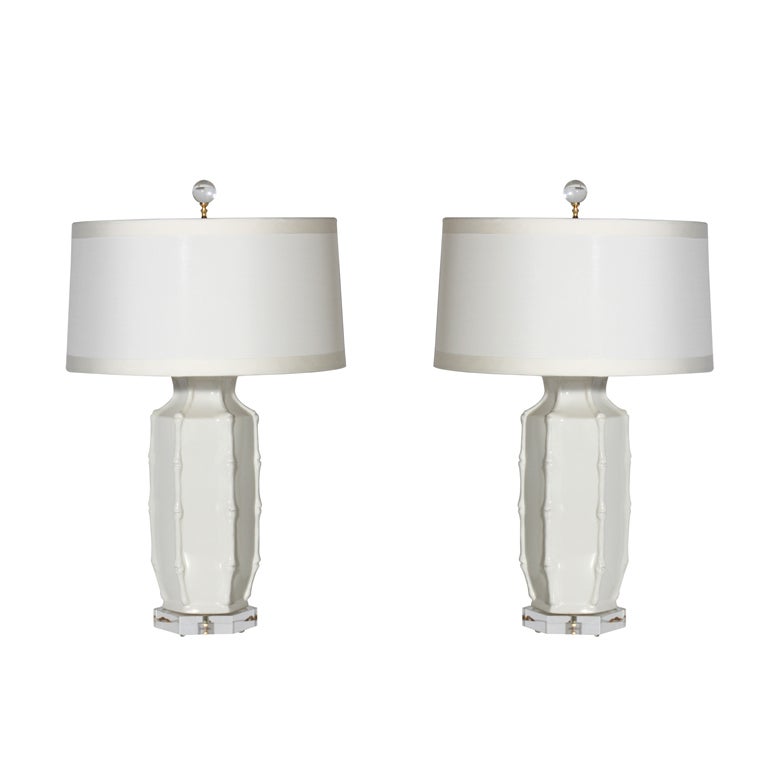 Pair of ivory faux bamboo lamps, c.1960
