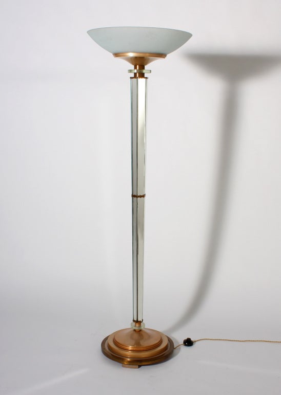 French Mirrored Torchiere with St. Gobain Glass Shade c. 1940