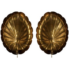 Pair of Brass Palm Leaf Candelabra Sconces
