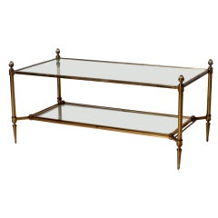 Bagues bronze coffee table with 2 glass shelves, c.1940