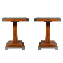 Pair of walnut tables with nickel base and corners, c. 1940
