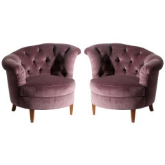 Pair of purple velvet Hollywood Regency tufted chairs, c. 1950