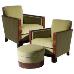 Pair of Green Velvet Rosewood Chairs With Matching Ottoman