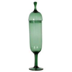 Vintage French Green Glass Tall Apothecary Jar with Lid ca. 1960