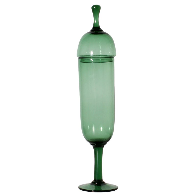 French Green Glass Tall Apothecary Jar with Lid ca. 1960
