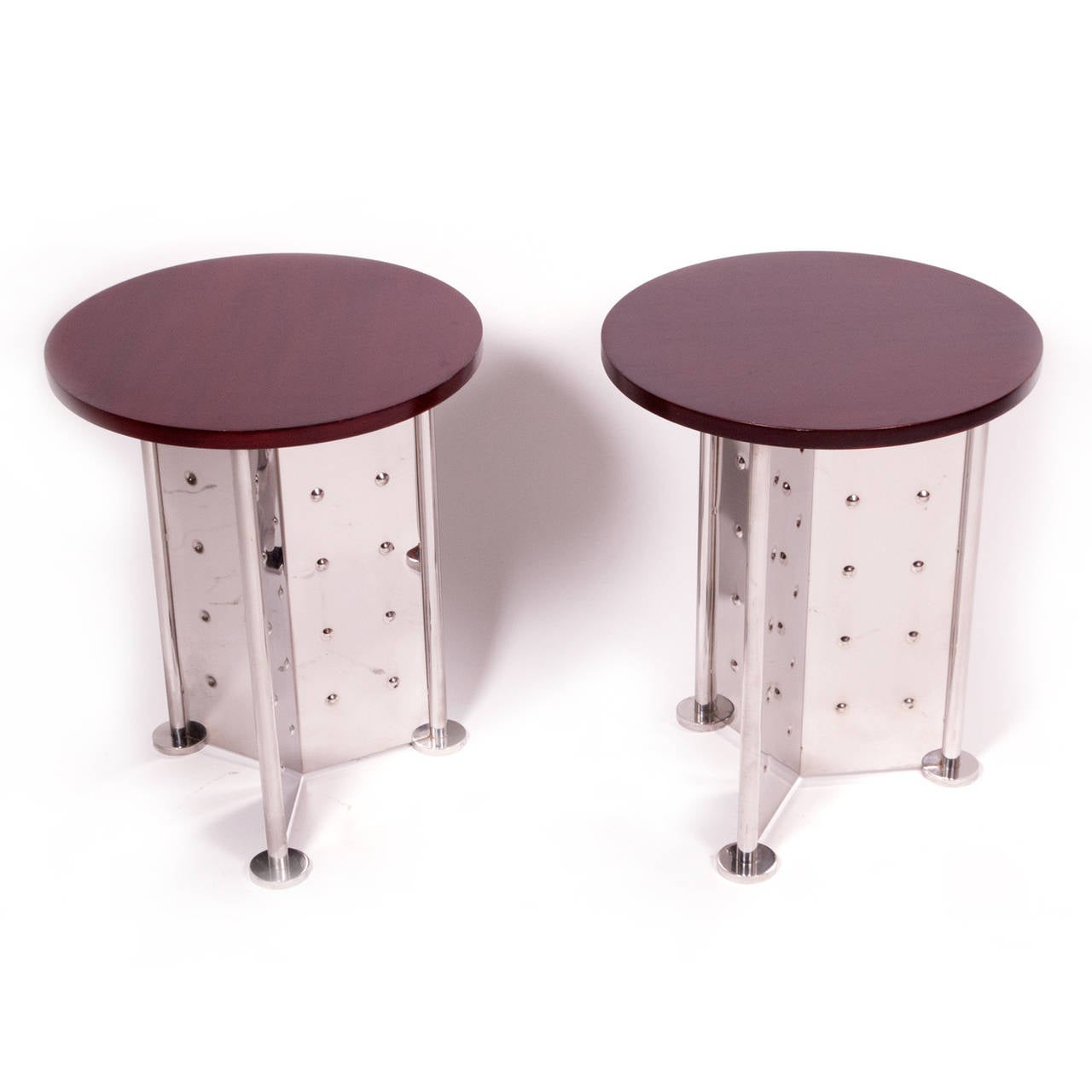 Solid mahogany round tops on stainless steel three-panel base.