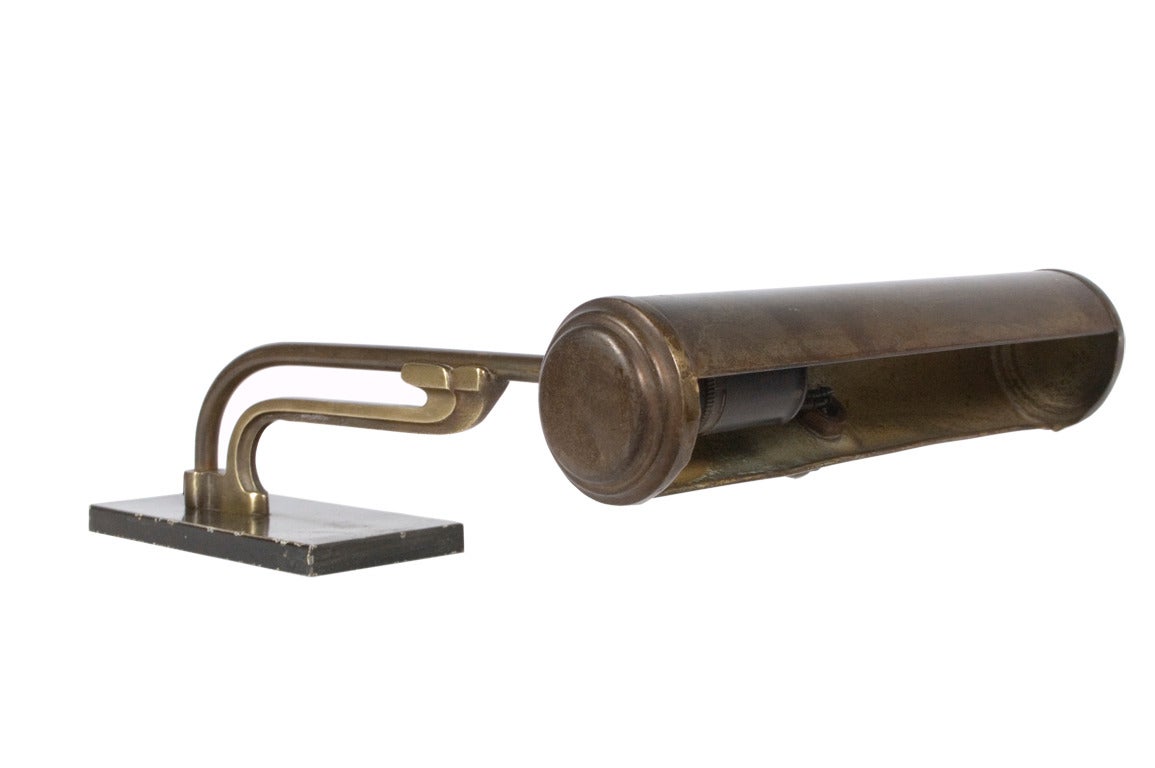 Original condition Danish 1920 brass and patinated metal piano lamp single light socket.