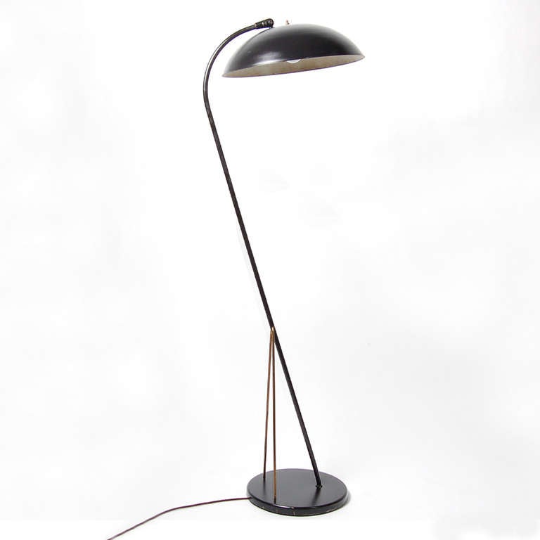 Black enamel painted metal lamp with two brass support legs.  Adjustable shade.  Made by Nessen.