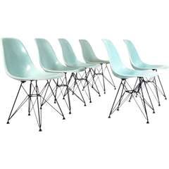 Set of Six Ice Blue Fiberglass Shell Chairs by Charles Eames
