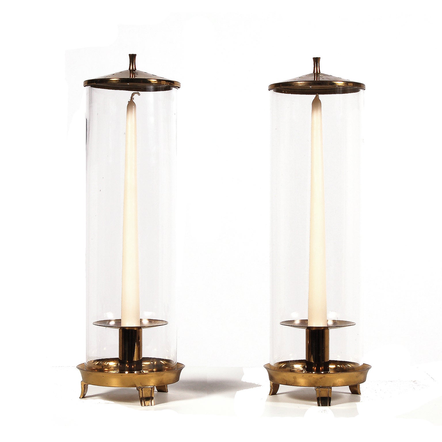 Pair of Tommi Parzinger Brass Hurricane Lamps