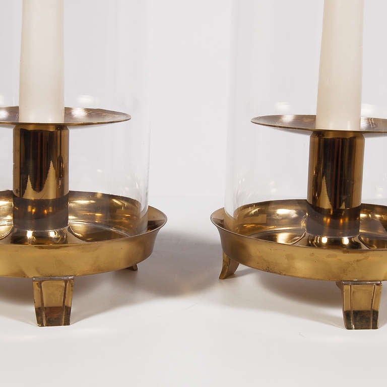 Pair of Tommi Parzinger Brass Hurricane Lamps In Good Condition In Hudson, NY
