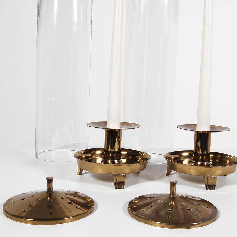 American Pair of Tommi Parzinger Brass Hurricane Lamps