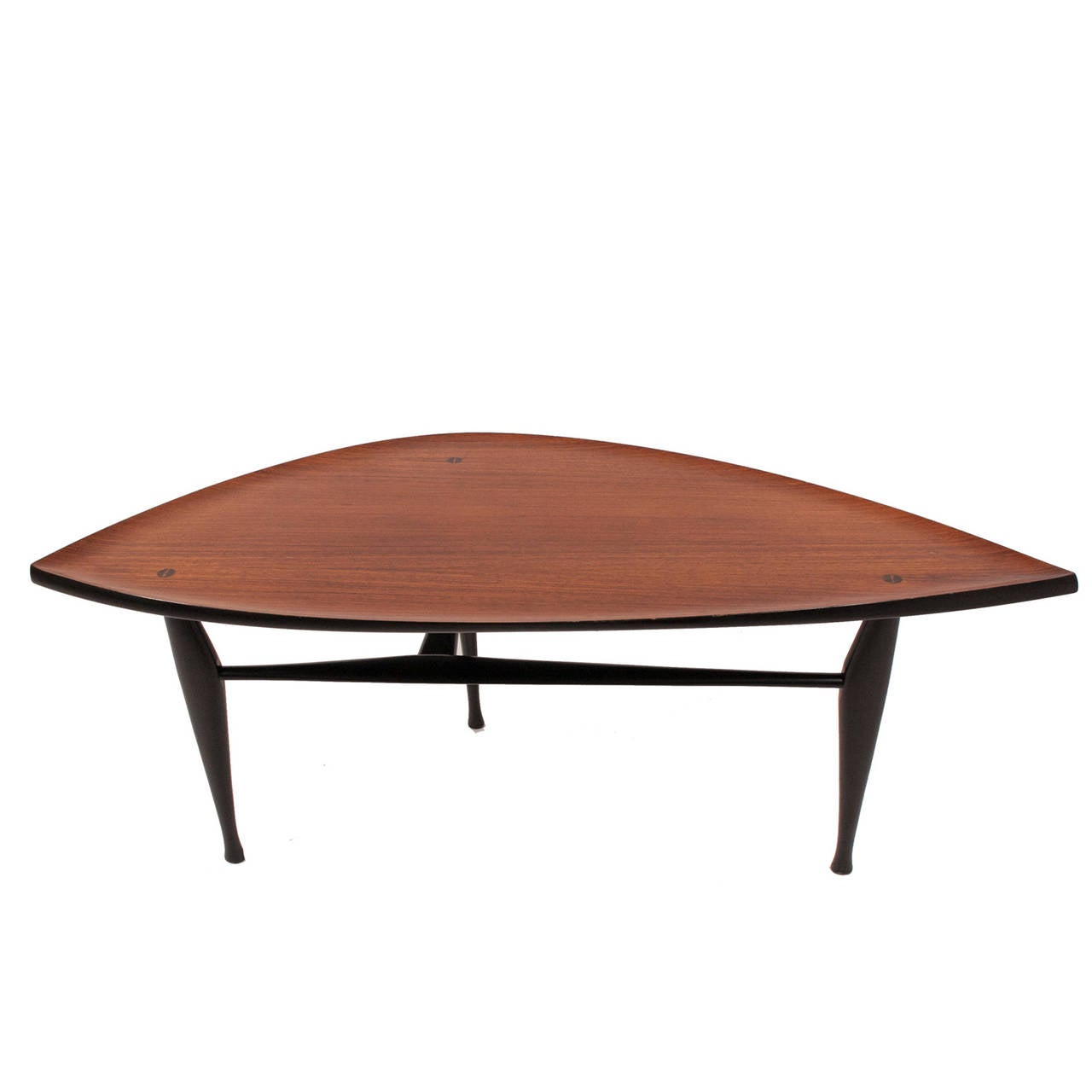 Table with rosewood leaf shaped top on black lacquered curved and tapering three leg base. Made by Westerbergs Furniture.