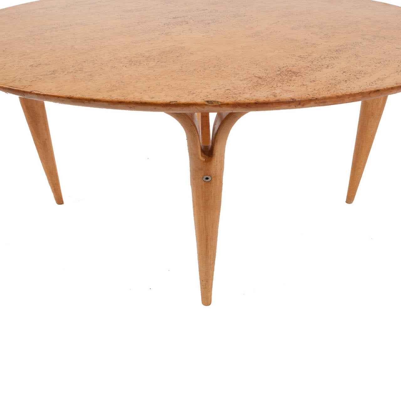 Bird's-eye maple round top on four bent beech plywood legs, signed and dated 1965, original condition.