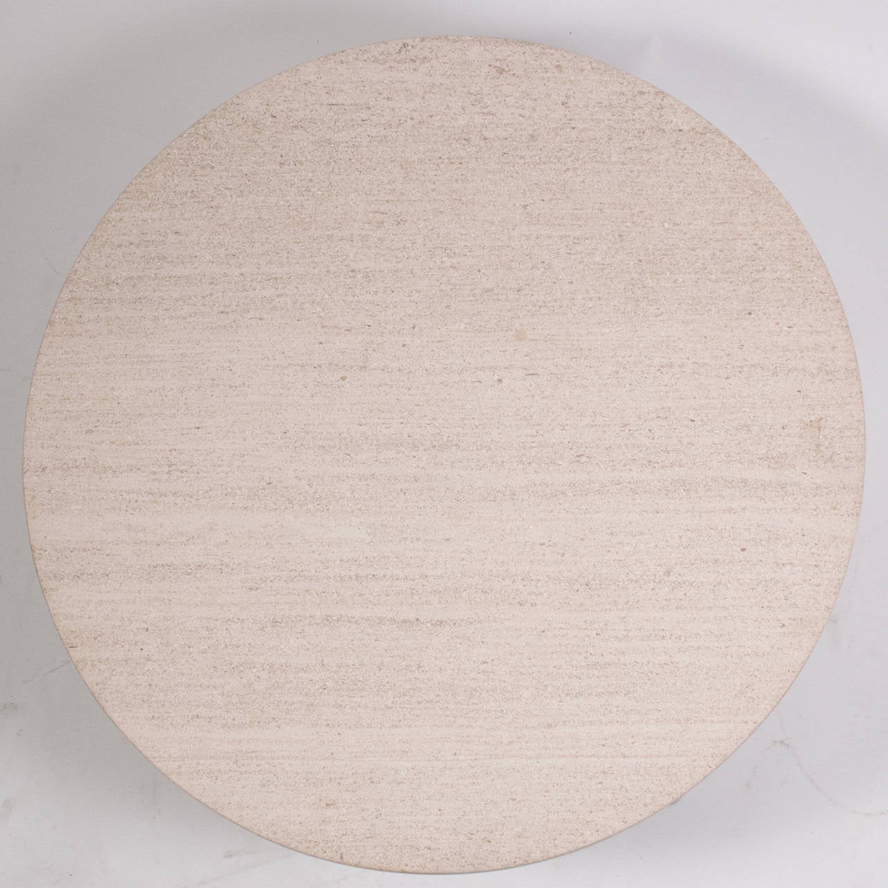 Walnut stain solid maple round coffee table with travertine top, label under.