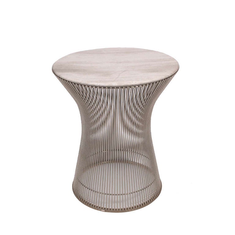 Iconic wire base side table in nickel finish with gorgeous limestone top. 
Made by Knoll.